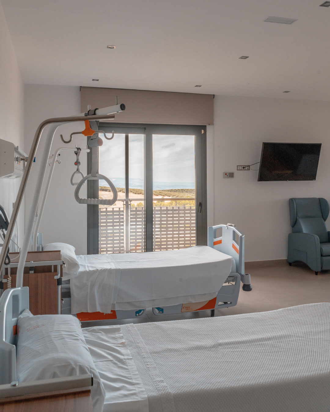Patient room with balcony views